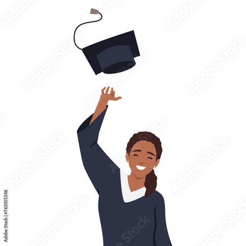 Excited graduate in cloak and graduation hat. Flat vector illustration isolated on white background