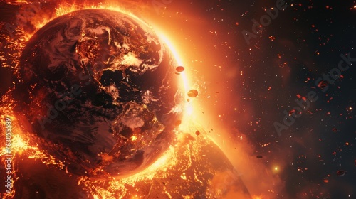 Dramatic illustration of burning Earth with swirling clouds of fire and smoke, global warming concept