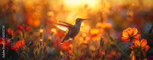 Graceful hummingbird, blooming wildflowers, scenic landscape, flourishing ecosystem, realistic image, golden hour, silhouette lighting