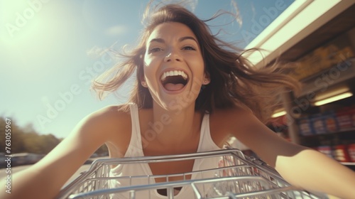 A joyful woman riding a shopping cart. Suitable for advertising campaigns © Fotograf