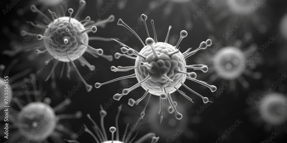 A black and white photo of a bunch of viruses. Suitable for medical and scientific concepts - obrazy, fototapety, plakaty 
