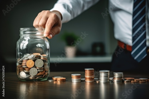 Person placing coins in jar on table. Suitable for financial concepts