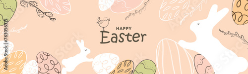 Happy Easter set of banners. Trendy Easter design with typography, hand painted strokes, eggs and bunny in pastel colors. Modern minimal style. Poster, greeting card, post for social media. © Anastasiya