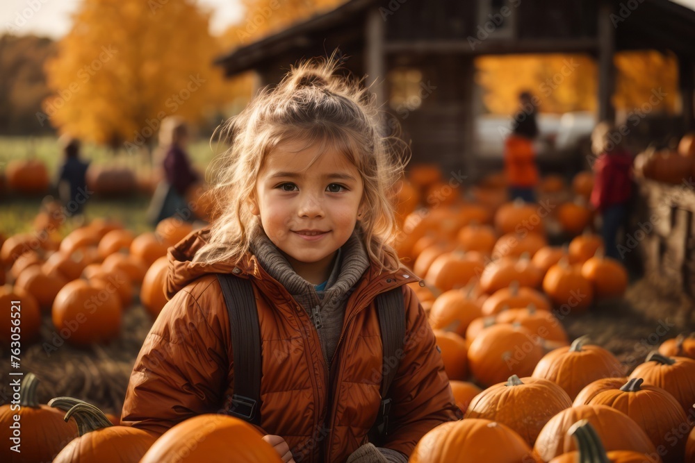 little girl on pumpkin farm fall autumn, halloween day little girl on pumpkin farm fall autumn, halloween day