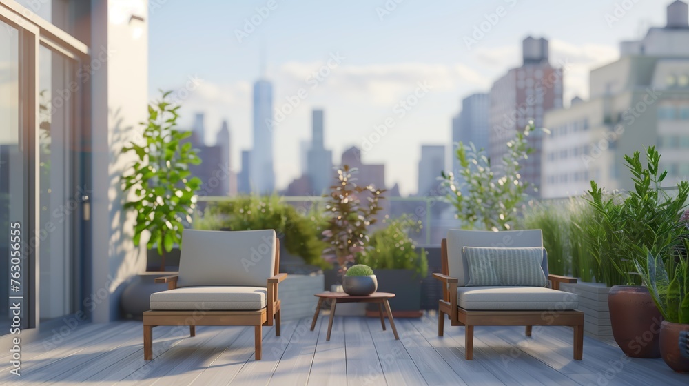 A balcony with two chairs and a table, with a view of a city