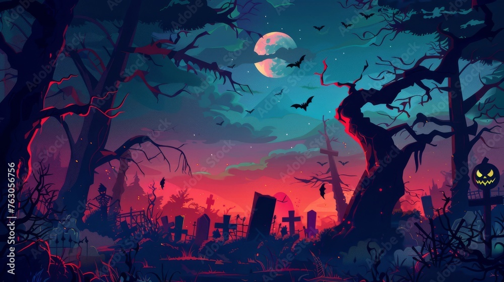 Halloween Graveyard Cemetery in Spooky Dark Forest at Night with Full Moon, Bats, Dead Tree - Holiday Event Background Concept Illustration