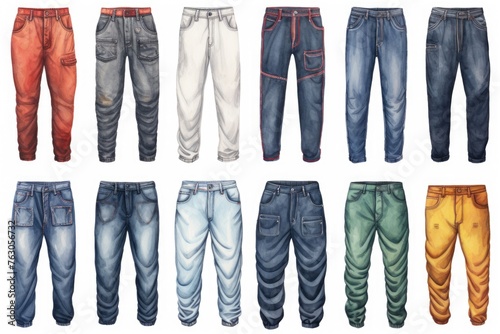 Group of various colored jeans on a plain white backdrop. Ideal for fashion or clothing concepts