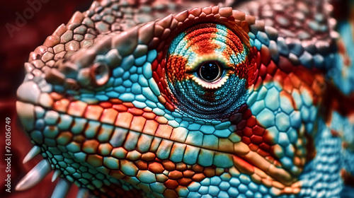 A colorful lizard with a blue and red face