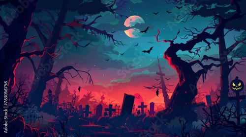 Halloween Graveyard Cemetery in Spooky Dark Forest at Night with Full Moon, Bats, Dead Tree - Holiday Event Background Concept Illustration