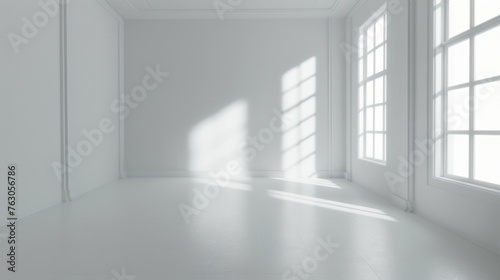 Simple empty room with white walls and windows, ideal for interior design projects