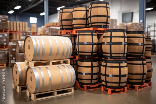 a warehouse scene with rows of industrial barrels storing petroleum productsThe prompt should capture the atmosphere, lighting, and details of the barrels to produce a high quality image