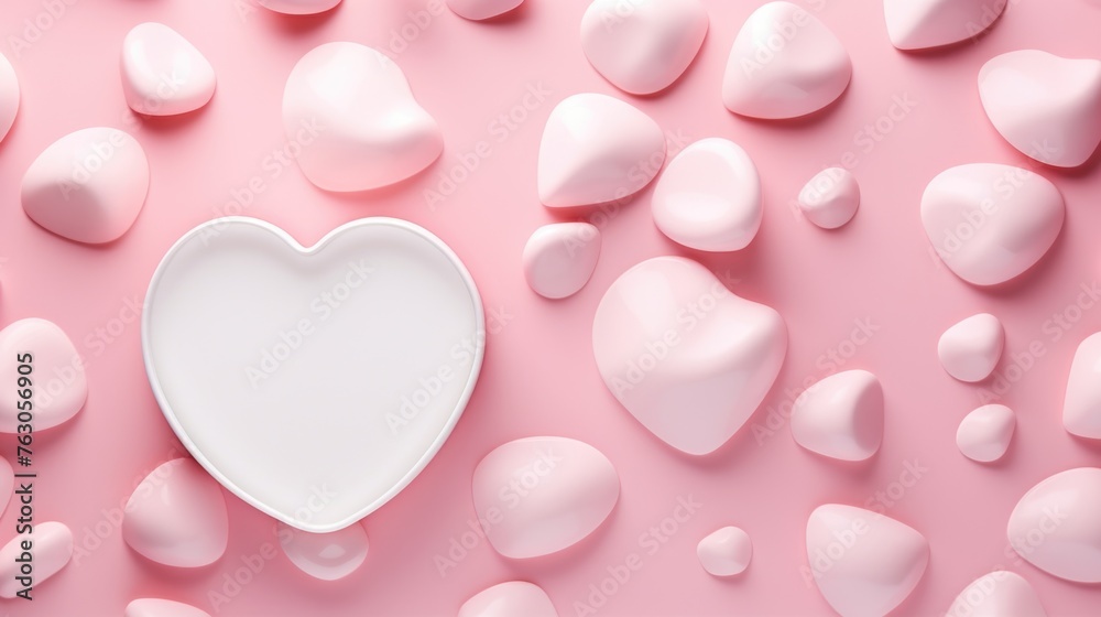 A white heart-shaped plate surrounded by pink hearts. Perfect for Valentine's Day decorations