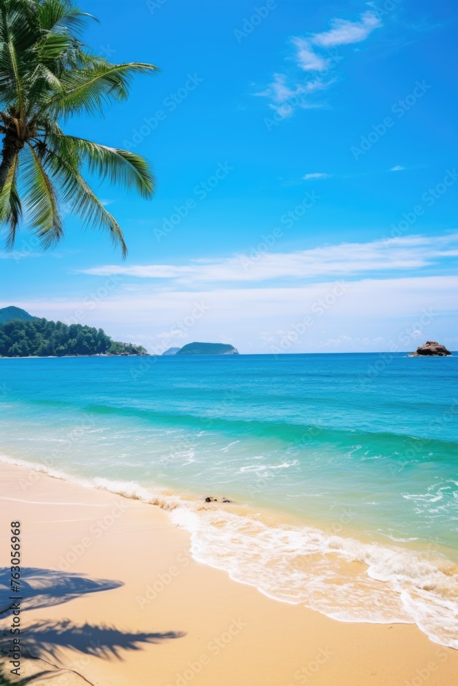 A serene beach scene with a palm tree in the foreground. Ideal for travel brochures or vacation websites A serene beach scene with a palm tree in the foreground. Ideal for travel brochures or vacation websites