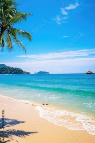A serene beach scene with a palm tree in the foreground. Ideal for travel brochures or vacation websites © Fotograf