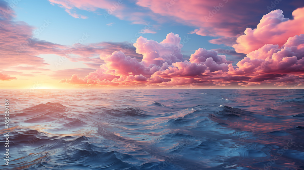 Beautiful seascape with clouds and sunset. 3D illustration
