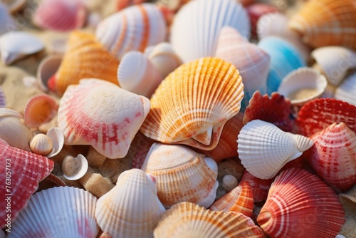 Close up of shells on a sandy beach, perfect for travel or nature themes