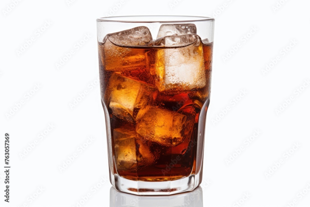 A glass of soda with ice cubes, perfect for summer refreshment A glass of soda with ice cubes, perfect for summer refreshment