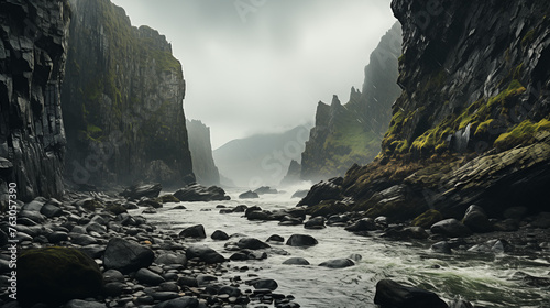 Beautiful seascape with basaltic cliffs and river. photo