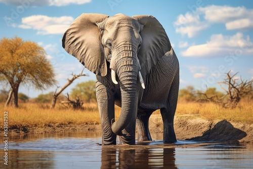 An elephant standing in water at a watering hole, suitable for nature and wildlife concepts