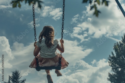 A little girl enjoying a swing at the playground. Perfect for family and childhood themes