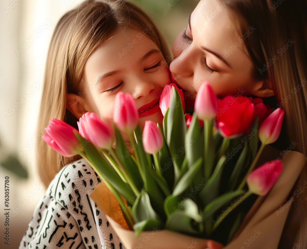 tender son kisses the happy mother and gives her flower