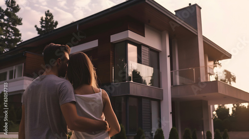 young family standing with their backs turned, gazing at their new home, symbolizing the joy and anticipation of a significant real estate purchase and investment opportunity