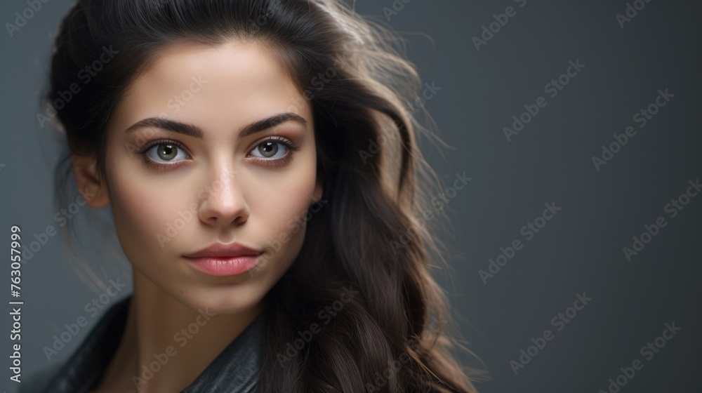 A woman wearing a leather jacket with long hair. Suitable for fashion or lifestyle concepts A woman wearing a leather jacket with long hair. Suitable for fashion or lifestyle concepts