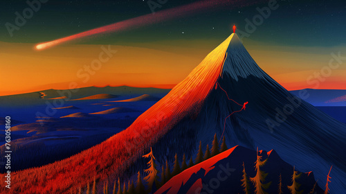 A mountain with a red peak and a comet in the sky