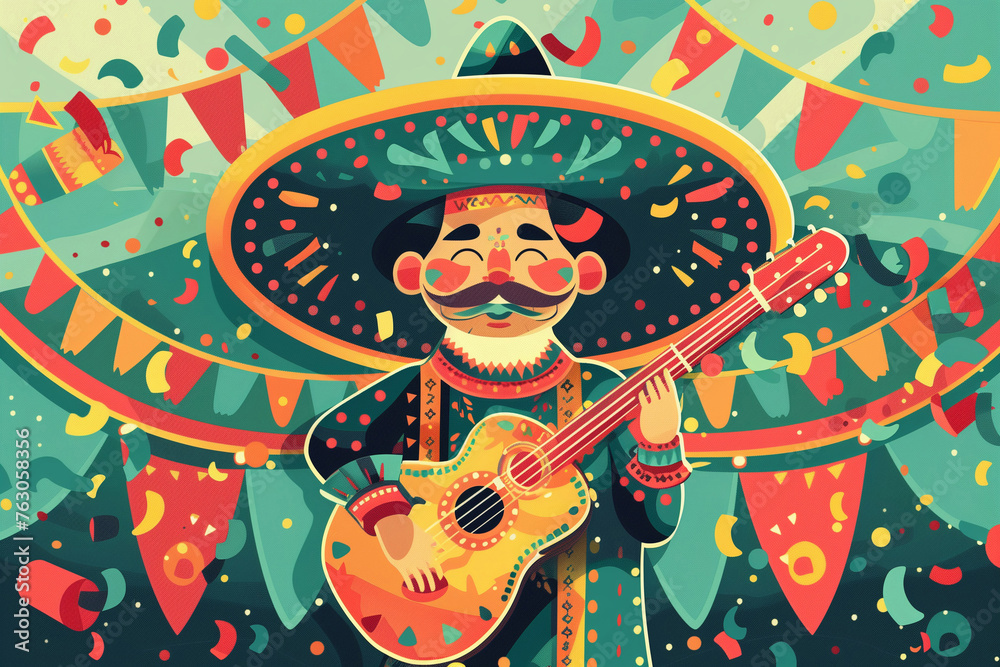 Cinco de mayo celebration banner. Mexican man in sombrero hat playing guitar. Horizontal flat illustration 3:2 Cinco de mayo celebration banner. Mexican man in sombrero hat playing guitar. Horizontal flat illustration 3:2