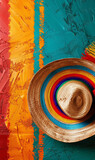 Sombrero hat on colorful painted surface. Cinco de mayo celebration. 3d illustration vertical banner 3:5