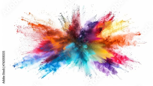 Multicolored explosion of rainbow powder paint isolated on white, abstract creative background