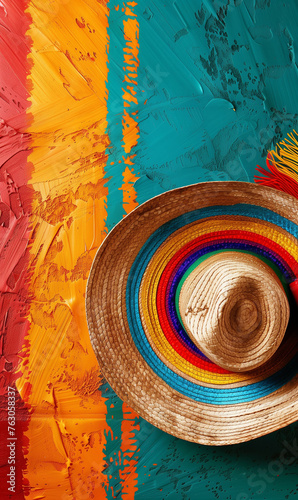 Sombrero hat on colorful painted surface. Cinco de mayo celebration. 3d illustration vertical banner 3:5 © kovaleva_ka