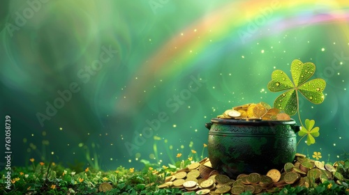 Pot of gold coins with clover leaves and rainbow, St. Patrick's Day concept, digital illustration