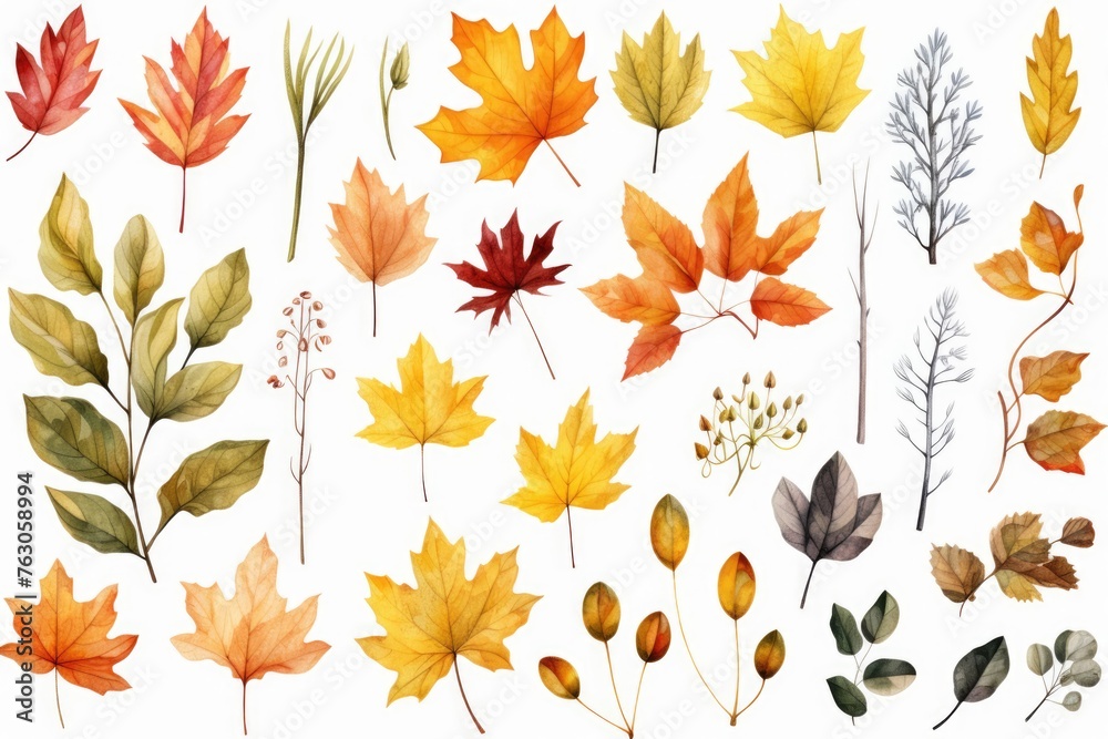 Various colored leaves on a plain white backdrop. Ideal for autumn-themed designs