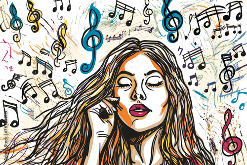 Portrait of a Woman Embracing the World of Music, background. 