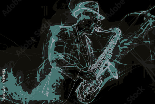 Stylized image of a saxophonist enveloped in neon light, capturing the essence of jazz and urban music culture, ideal for modern musical themes and designs
