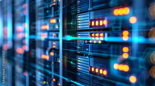 Row of network servers with glowing LED lights in data center, digital photography