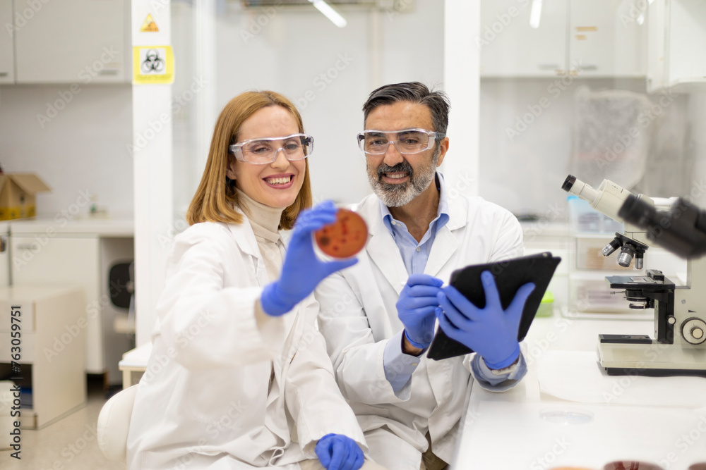 Fototapeta premium Scientists with tablet and petri dish smiling in an analytical laboratory.