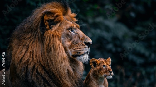 Male lion and lion cub portrait with ample space for text  object positioned on the right side