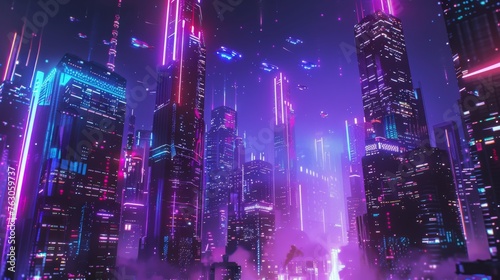 Spectacular Futuristic Cyberpunk City at Night with Flying Cars, Skyscrapers, Neon Lights - Digital Art 3D Illustration