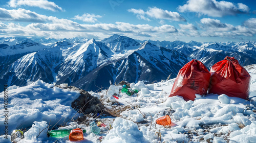 sacs poubelles abandonnées au sommet d'une montagne enneigée photo