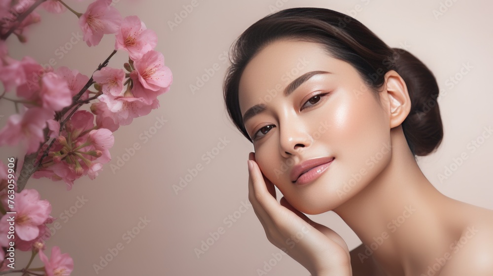 Naklejka premium beautiful young asian woman with healthy glowing skin on pink background with sakura flowers, beauty and skin care concept