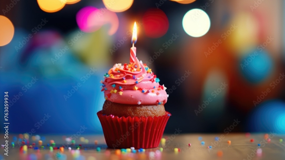A delicious cupcake with a lit candle on top. Perfect for birthday celebrations