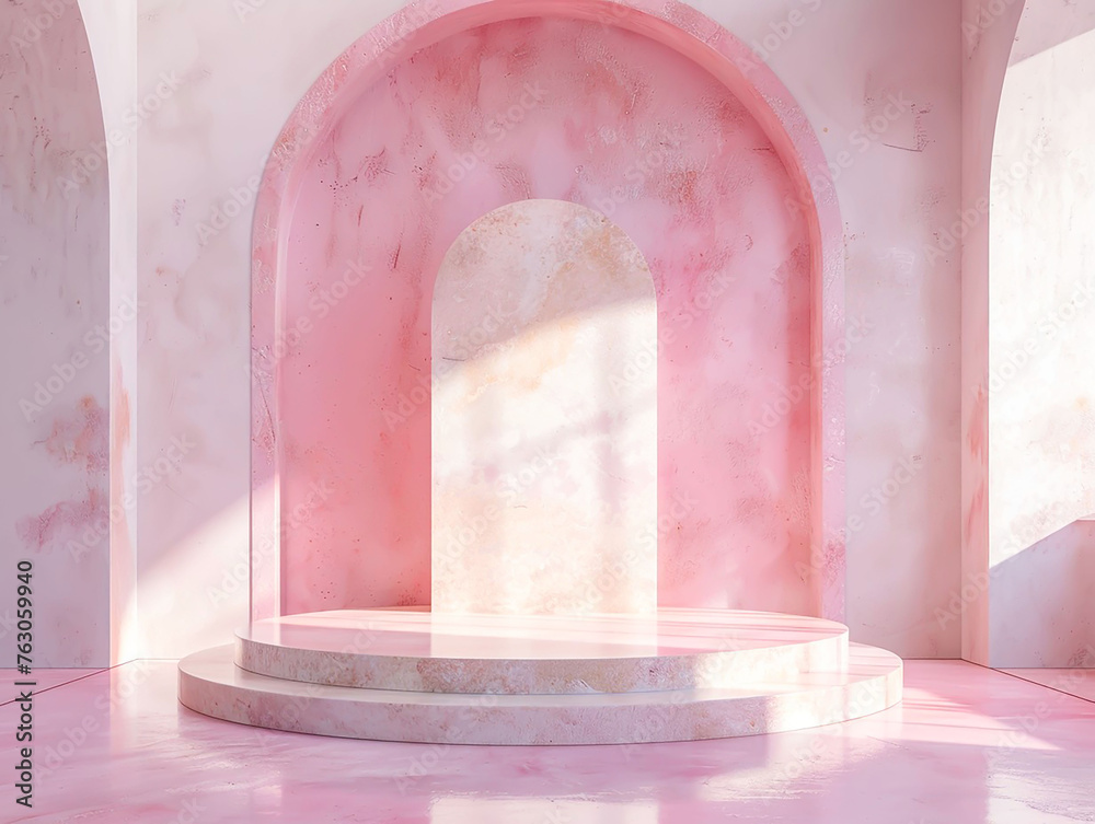 a pink and white background with a round podium. Fictional illustration for product template. a pink and white background with a round podium. Fictional illustration for product template.