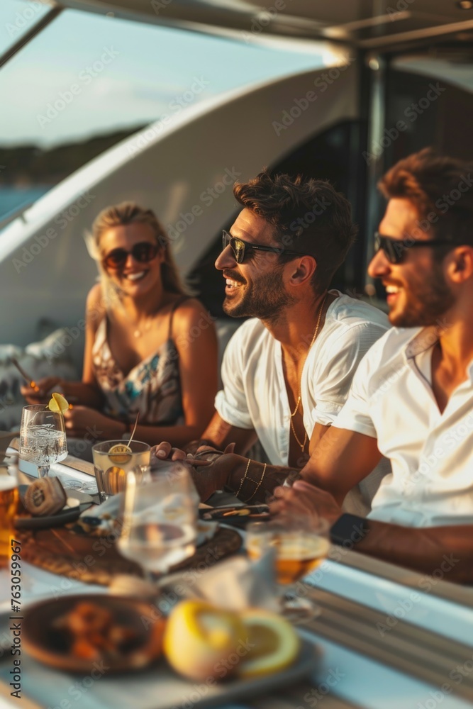Group of people enjoying a meal on a boat. Suitable for travel and leisure concepts Group of people enjoying a meal on a boat. Suitable for travel and leisure concepts