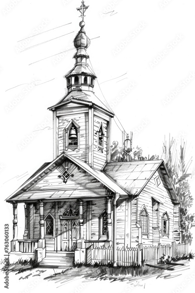 Detailed drawing of a traditional church with a steeple. Suitable for religious themes or architectural concepts