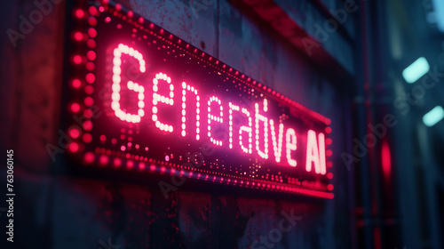 "Generative AI" Text in Neon Sign on a Vintage Brick Wall, for Retro-Futuristic Themed Graphics AI-Generated