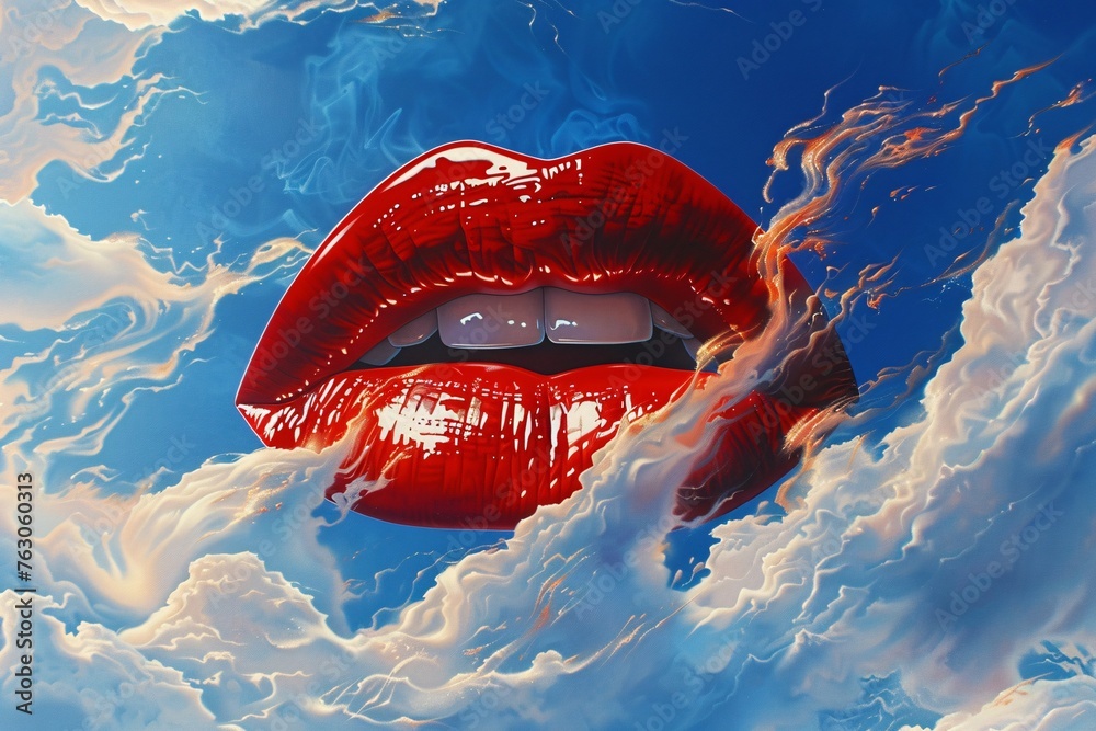Surreal Sky with Glossy Red Lips - obrazy, fototapety, plakaty 