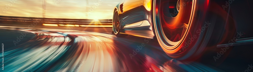 A car is speeding down a track with the sun shining on it. Generative AI