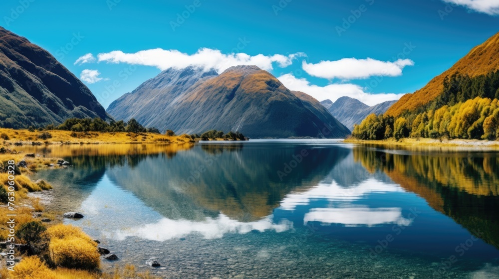 Scenic view of a mountain lake. Suitable for travel brochures